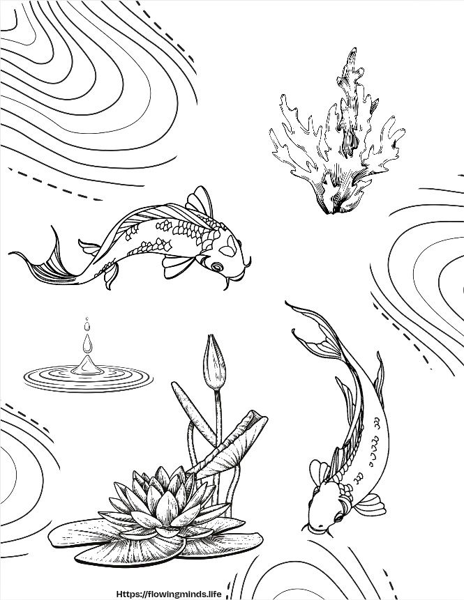 Fish and Lily pad adult coloring page