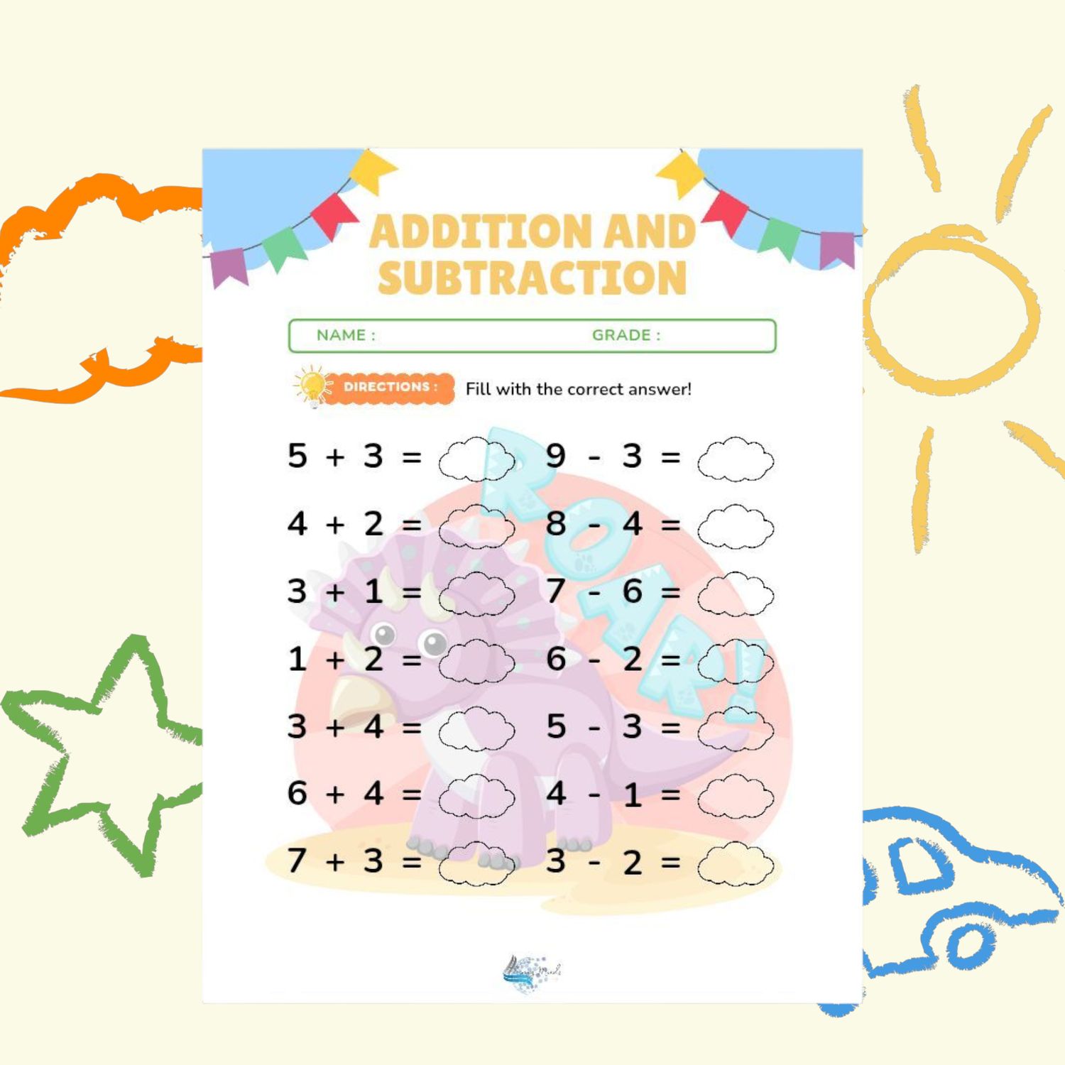 Adding and subtracting dinosaur page