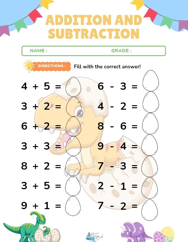 Adding and subtracting dinosaur page