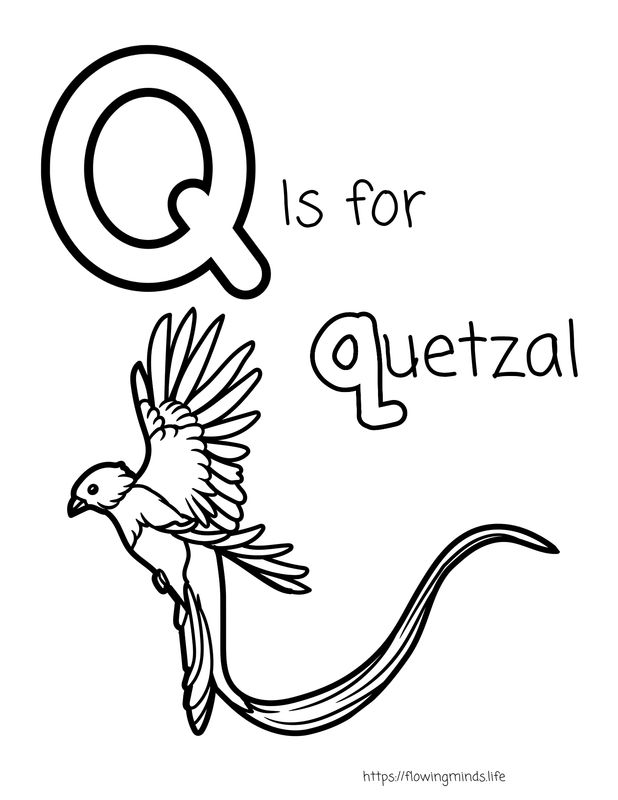 Q is for quetzal coloring page