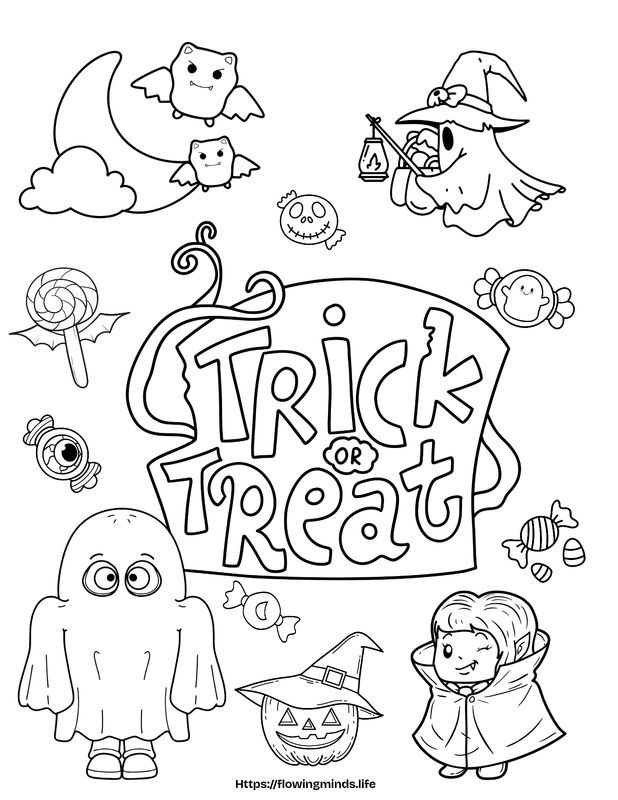 Trick or treat Halloween coloring page 