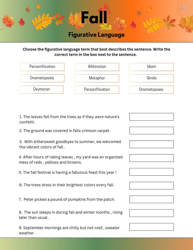 Fall Figurative language worksheet with answer key 