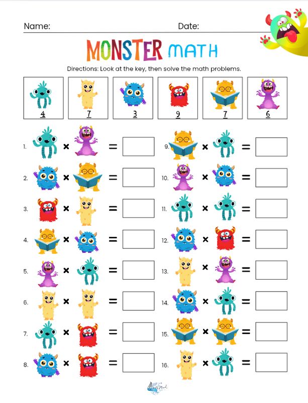Monster Math multiplication activity page with answer key