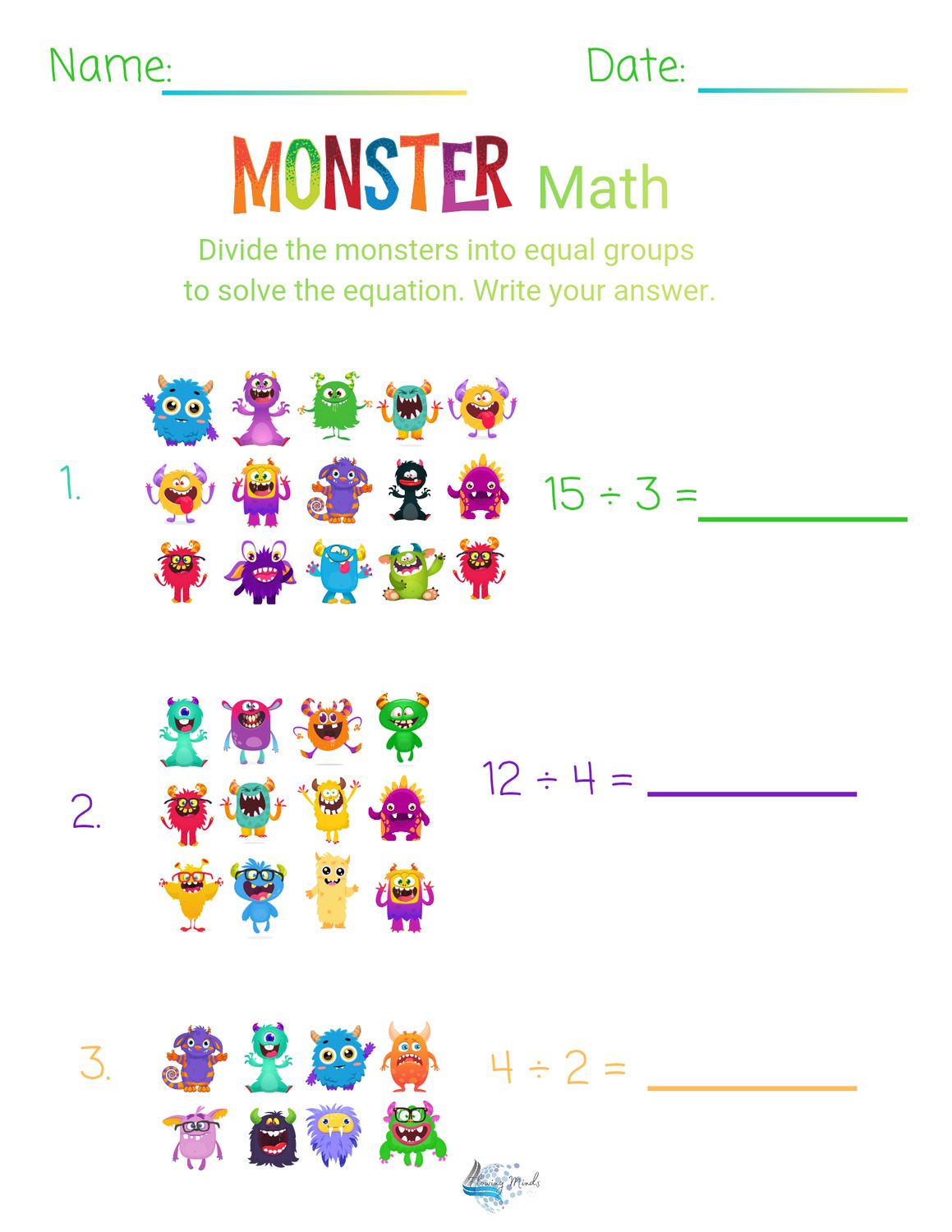 Monster Math division using equal groups worksheets 