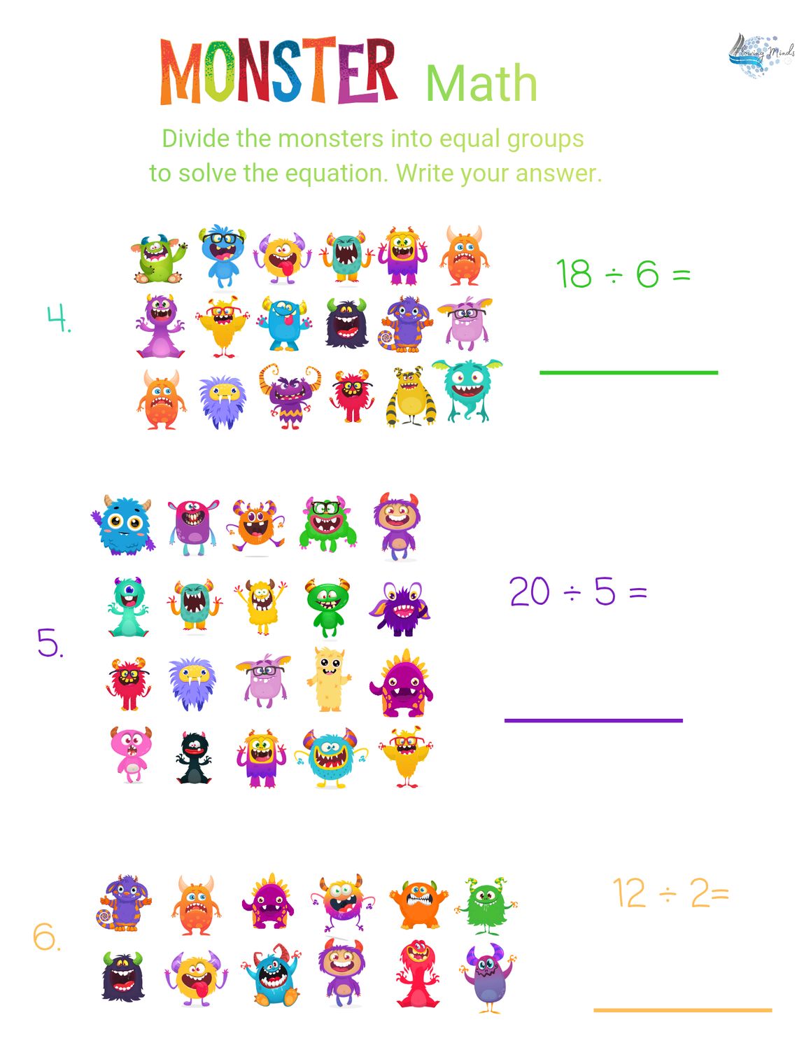 Monster Math division using equal groups worksheets 