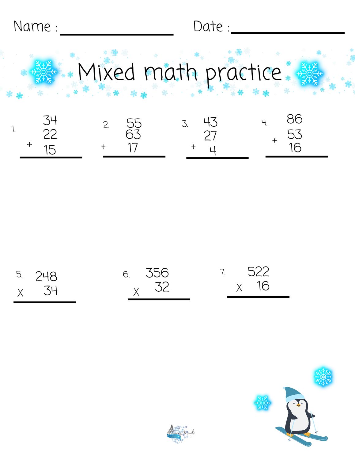 Mixed Math Practice worksheet with answer key