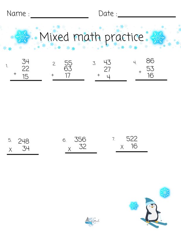 Mixed Math Practice worksheet with answer key