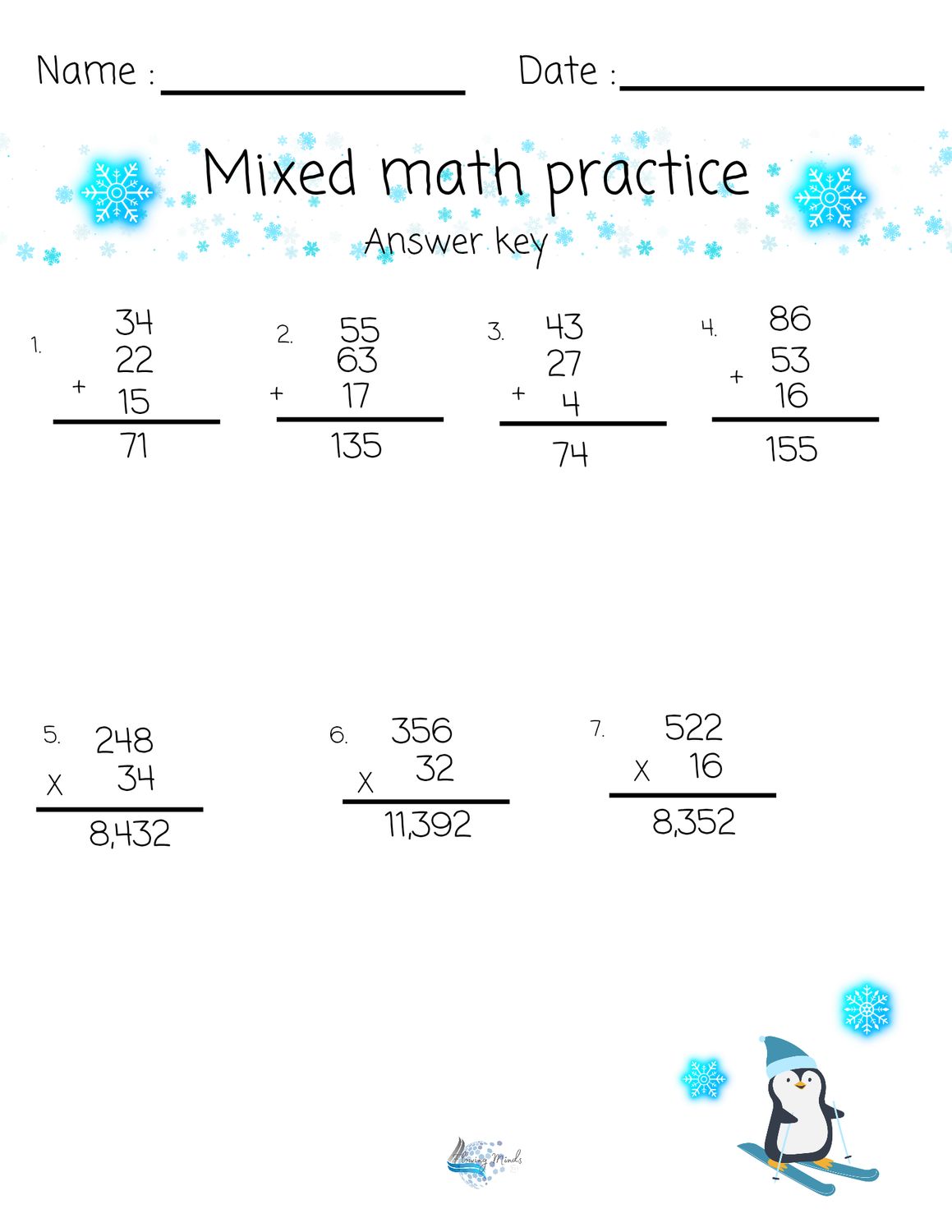 Mixed Math Practice worksheet with answer key