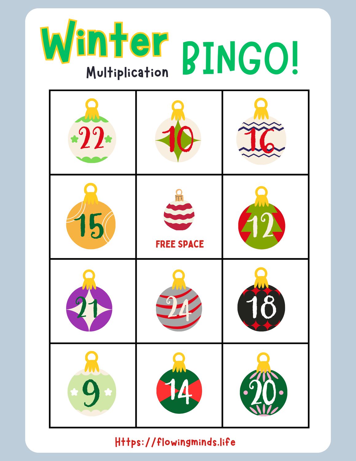 Winter Multiplication Bingo Game