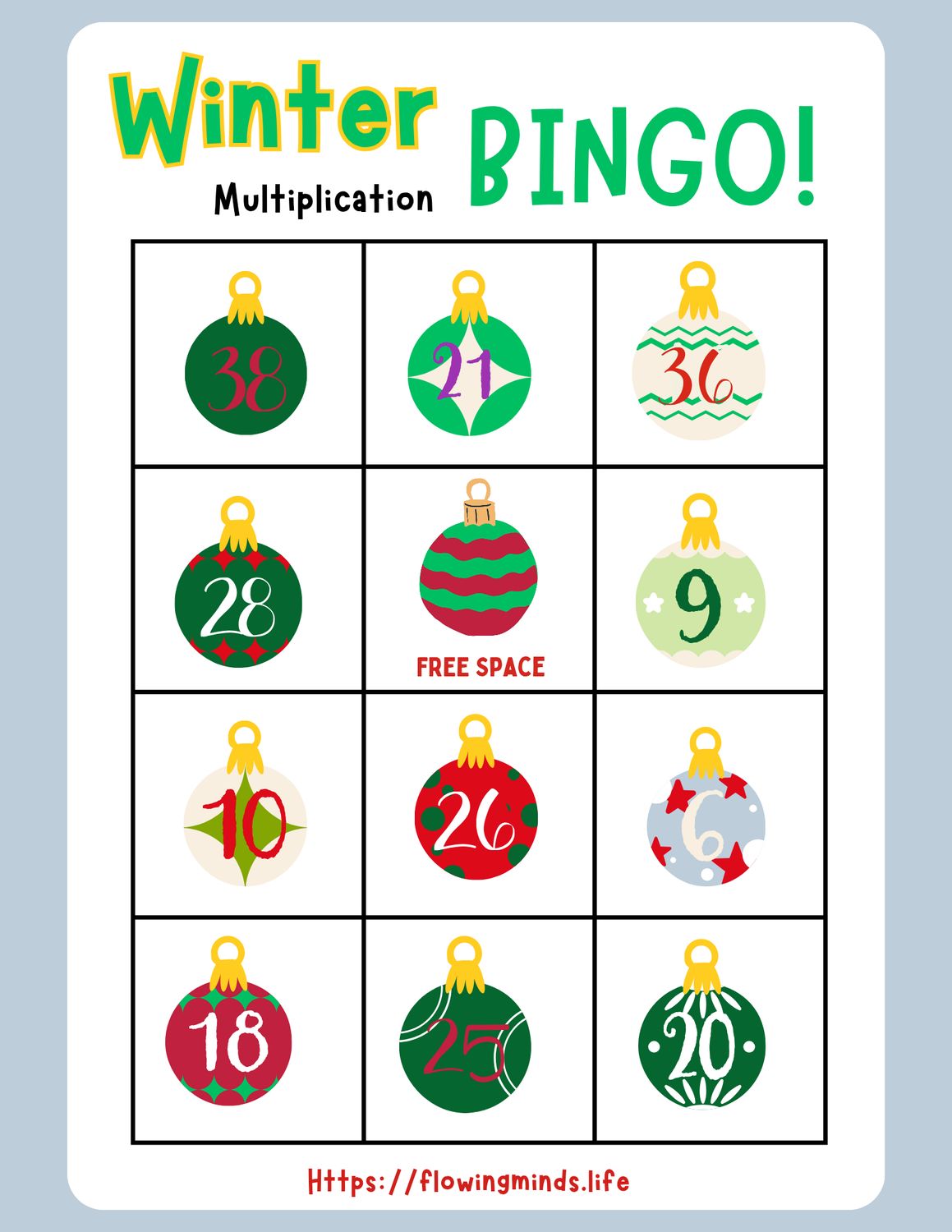 Winter Multiplication Bingo Game