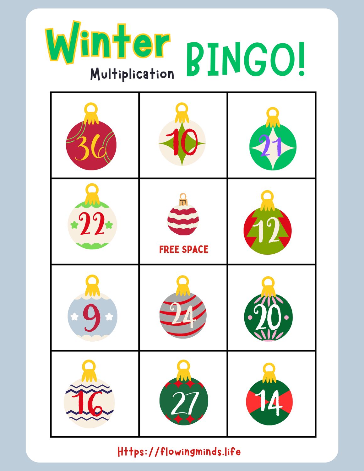 Winter Multiplication Bingo Game