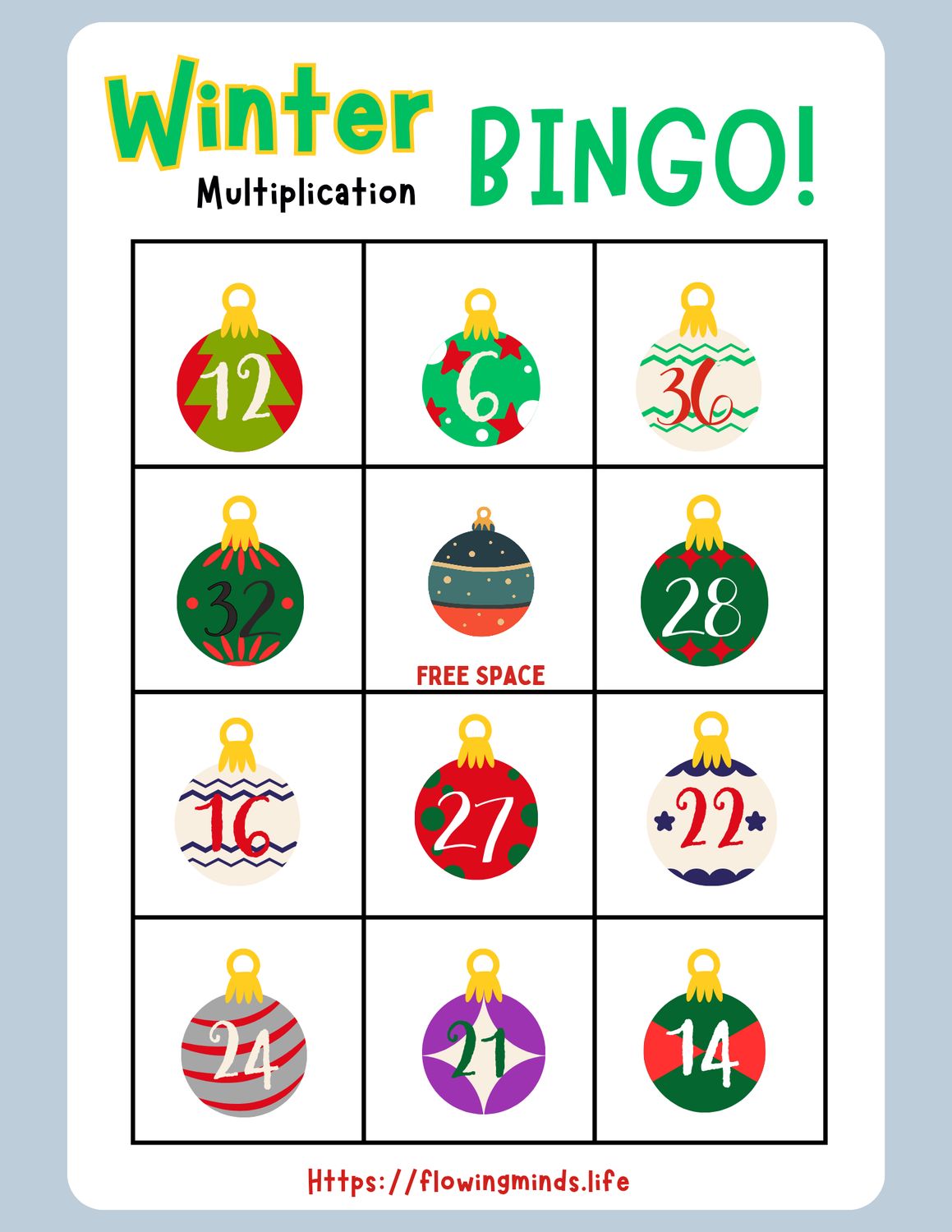Winter Multiplication Bingo Game