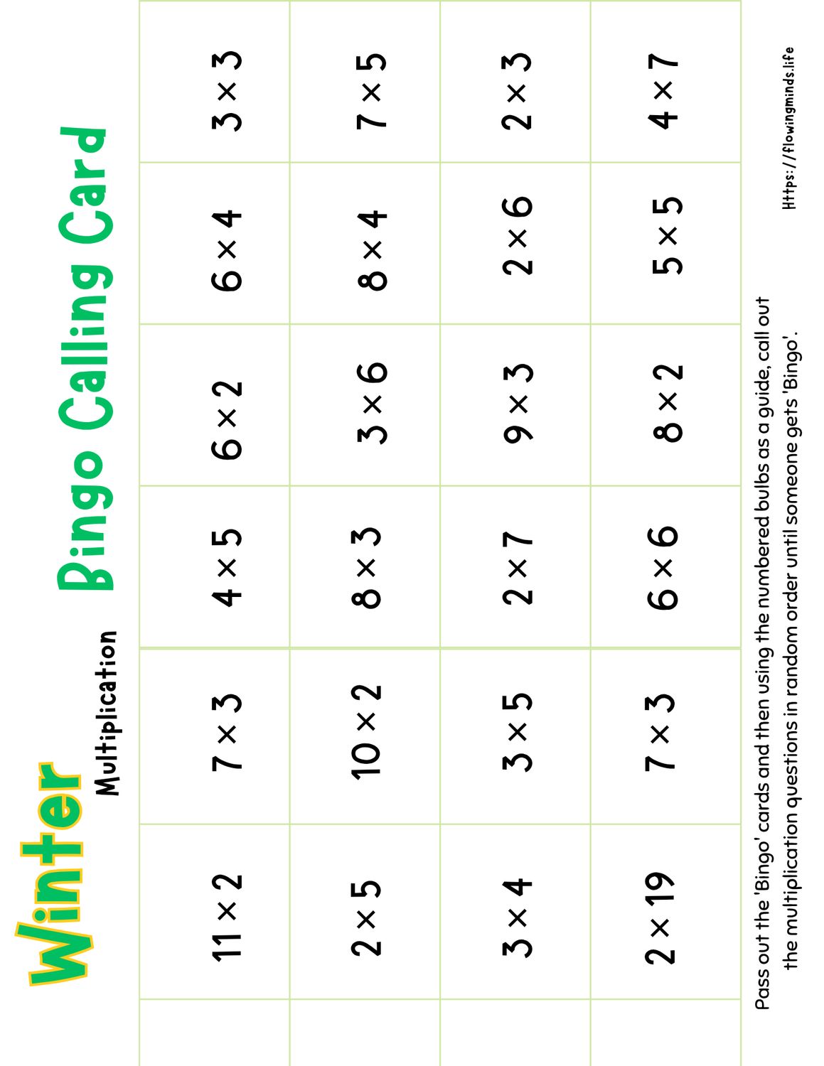 Winter Multiplication Bingo Game