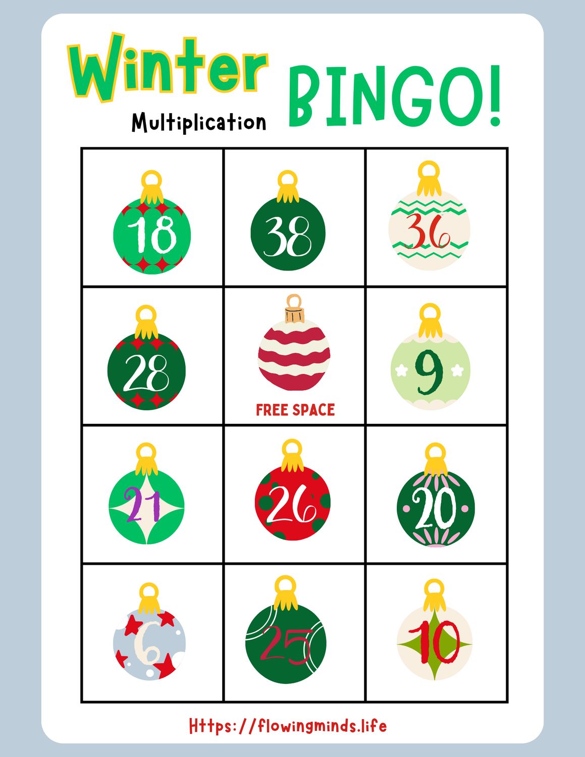Winter Multiplication Bingo Game