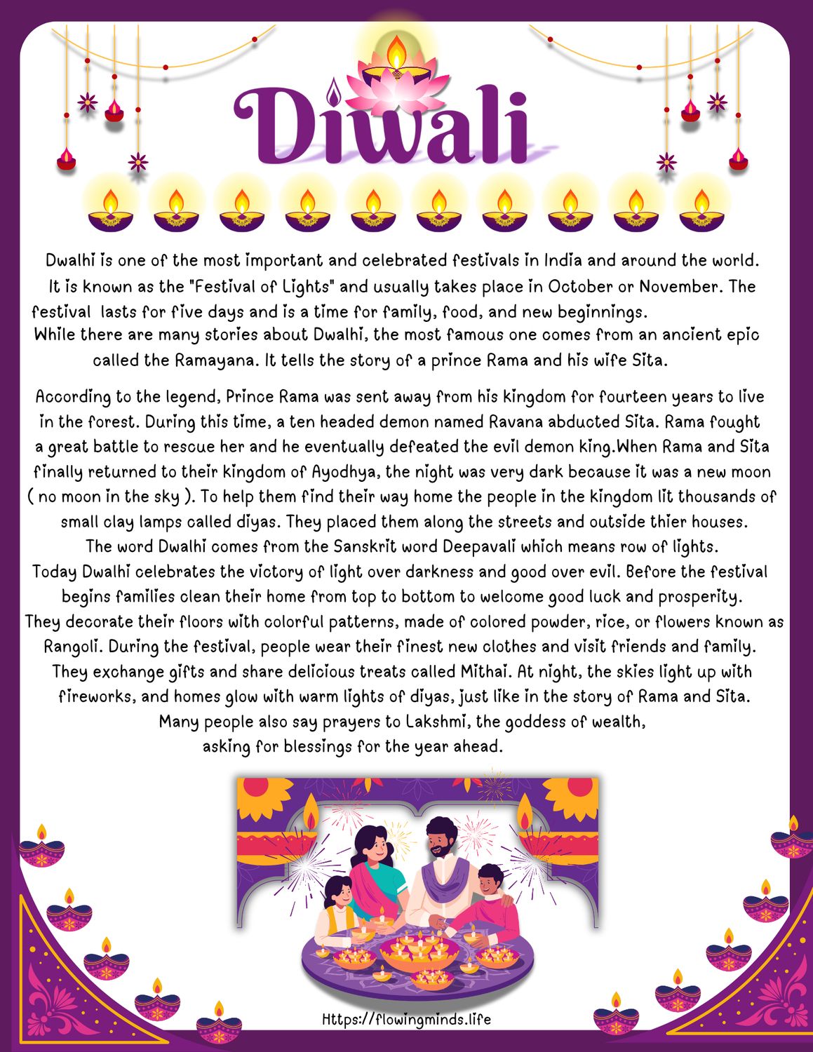 The celebration of Dwahli reading comprehension activity