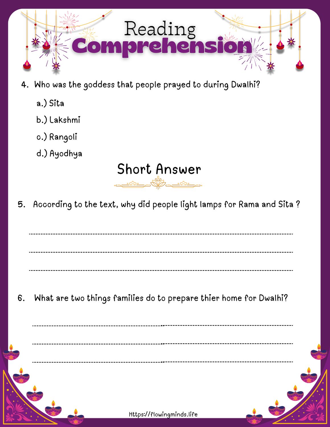 The celebration of Dwahli reading comprehension activity