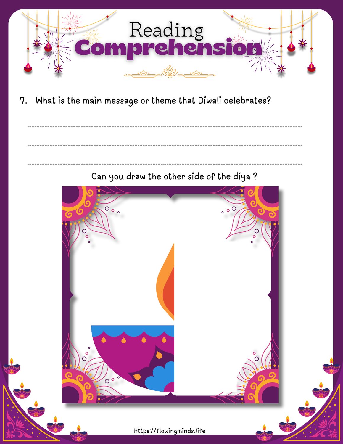 The celebration of Diwali reading comprehension activity