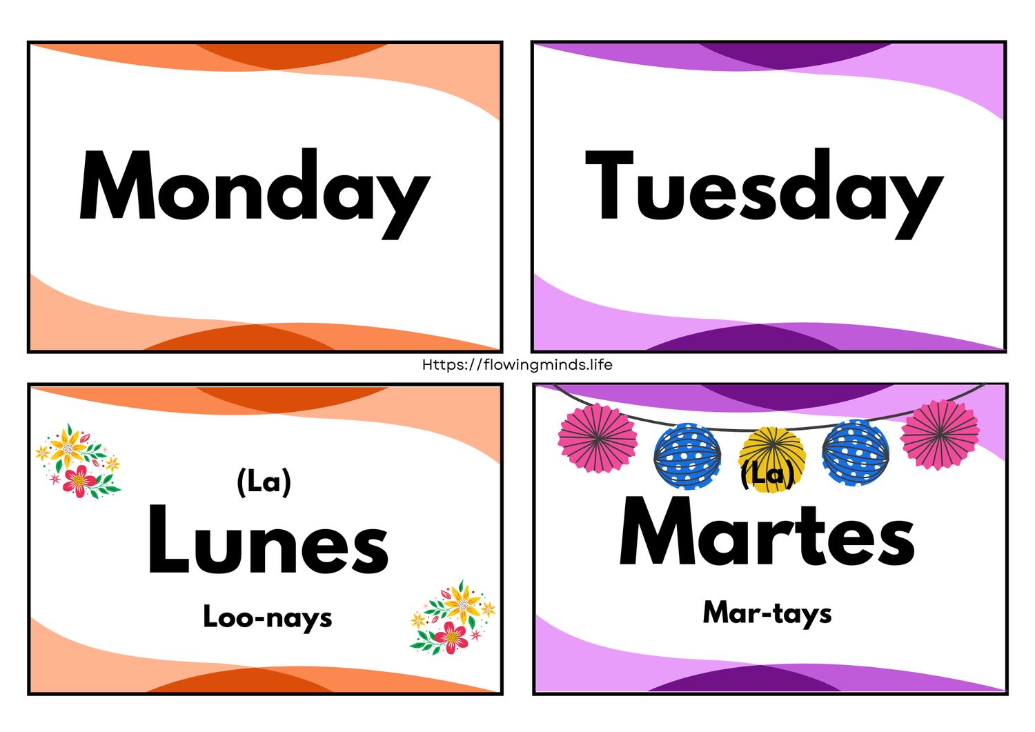 Spanish/English Days of the week matching cards activity
