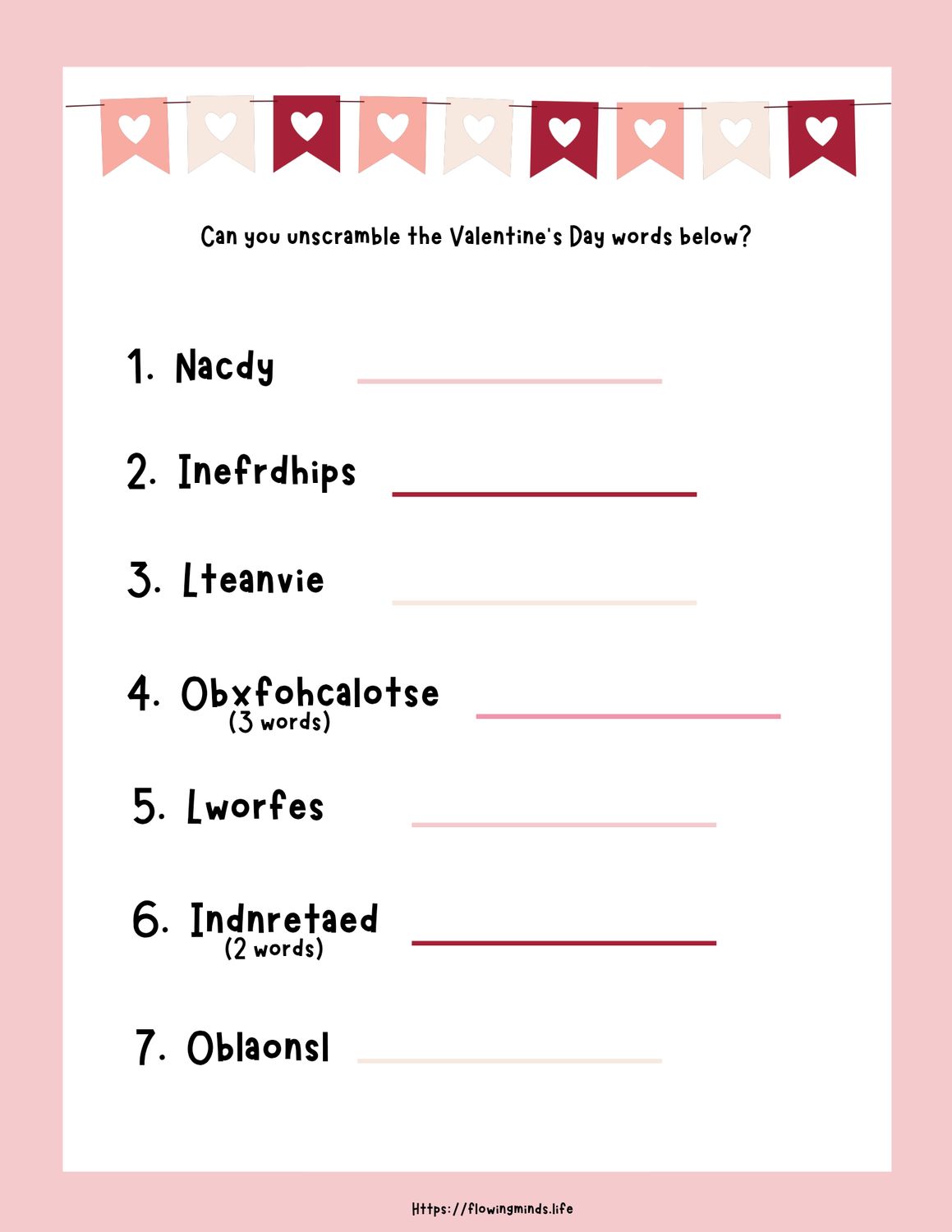 Valentine's Day word unscramble activity