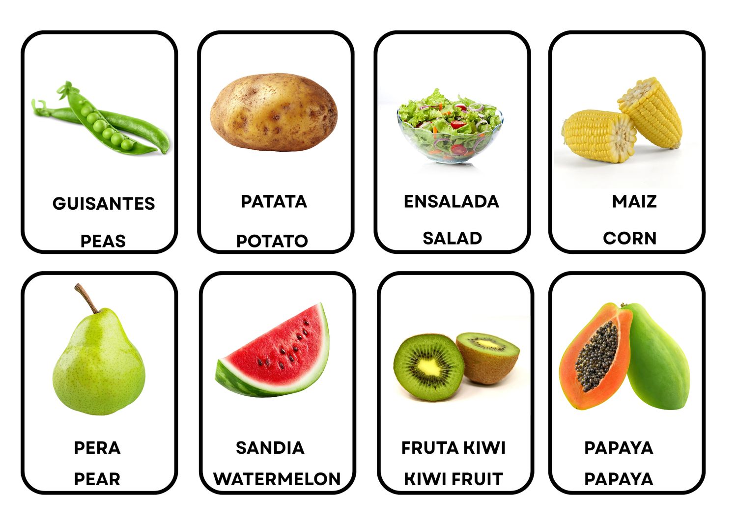 Spanish/English fruits and vegetables flash cards