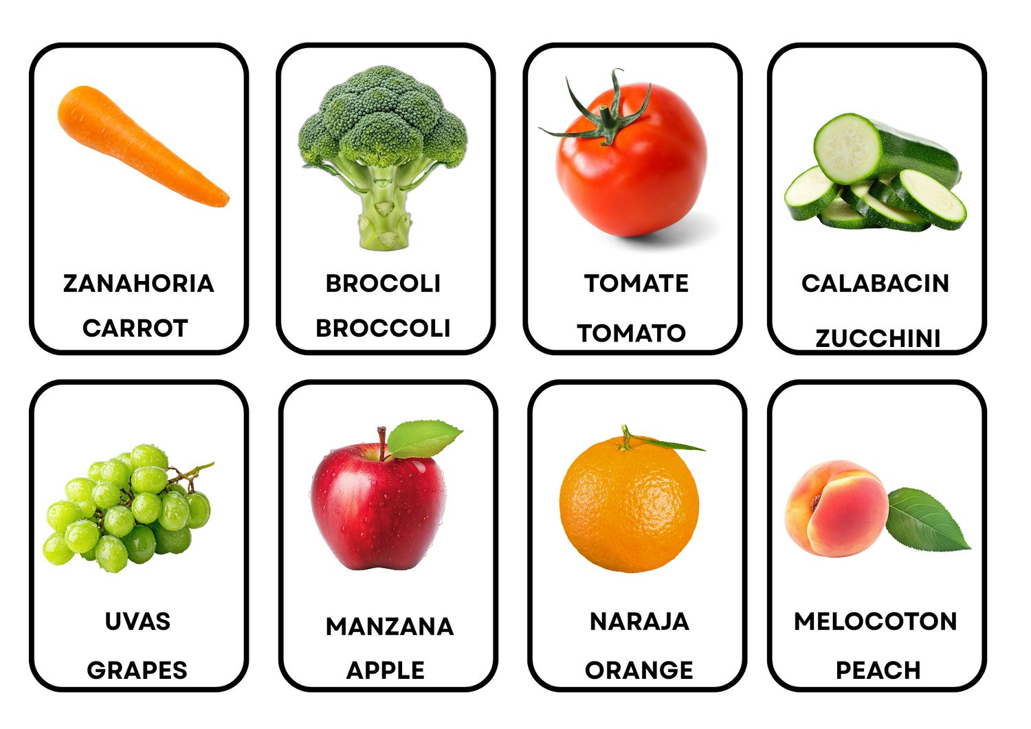 Spanish/English fruits and vegetables flash cards