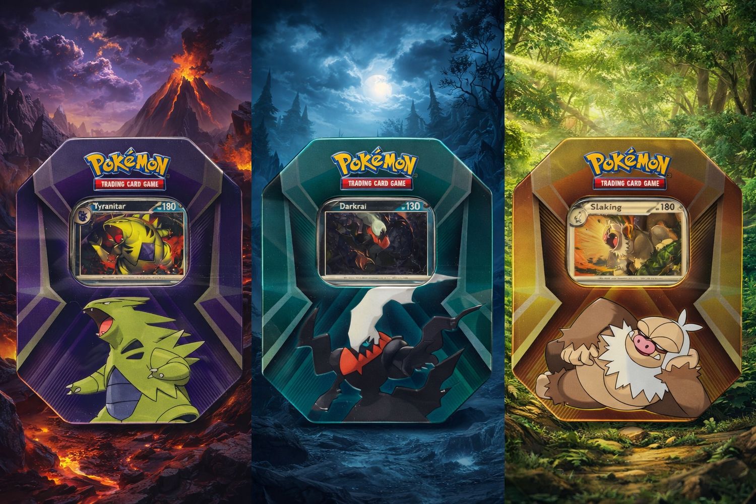 (Pack of 3) Tyranitar Darkrai Slaking Tins