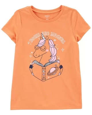 Blusa manga corta, naranja, estampado libro/unicornio