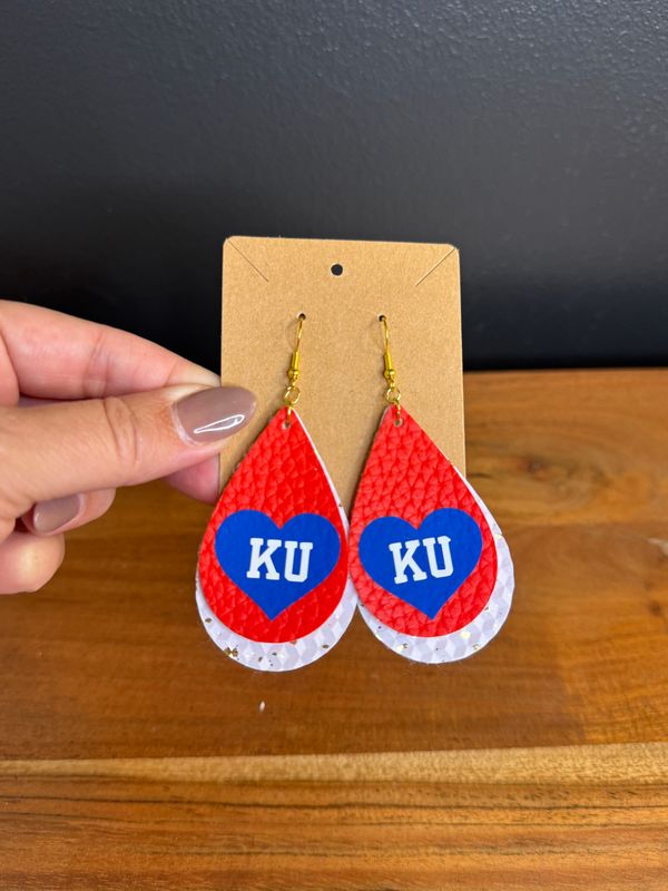 Red and White KU Heart Earrings