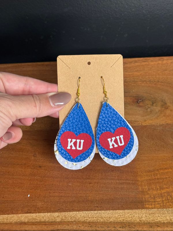 Blue and White KU Heart Earrings