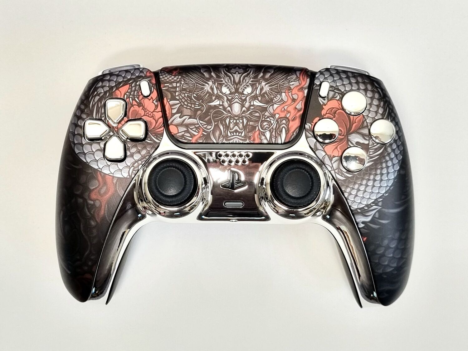 Custom PS5 Dualsense Controller - Black & Silver Dragon Design