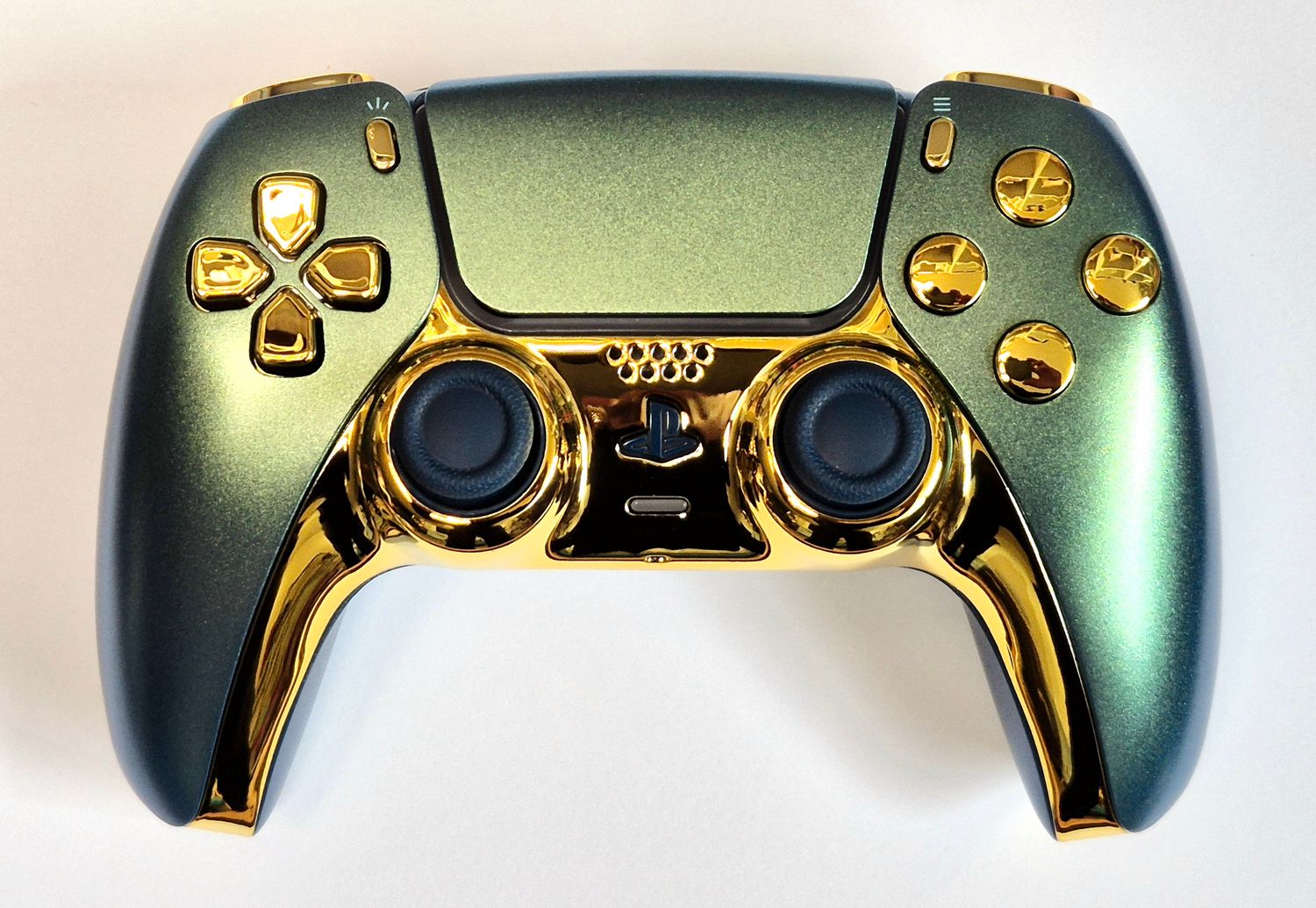 Customised PS5 Dualsense Controller - Chroma Green / Chrome Gold - *NEW*