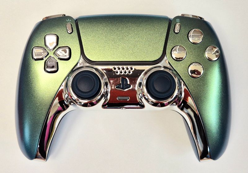 Customised PS5 Dualsense Controller - Chroma Green / Silver Chrome - *NEW*