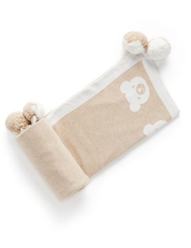 BORDER POM POM BLANKET, Size: OS, Colour: LATTE MELANGE BEAR, Season: NON SEASONAL