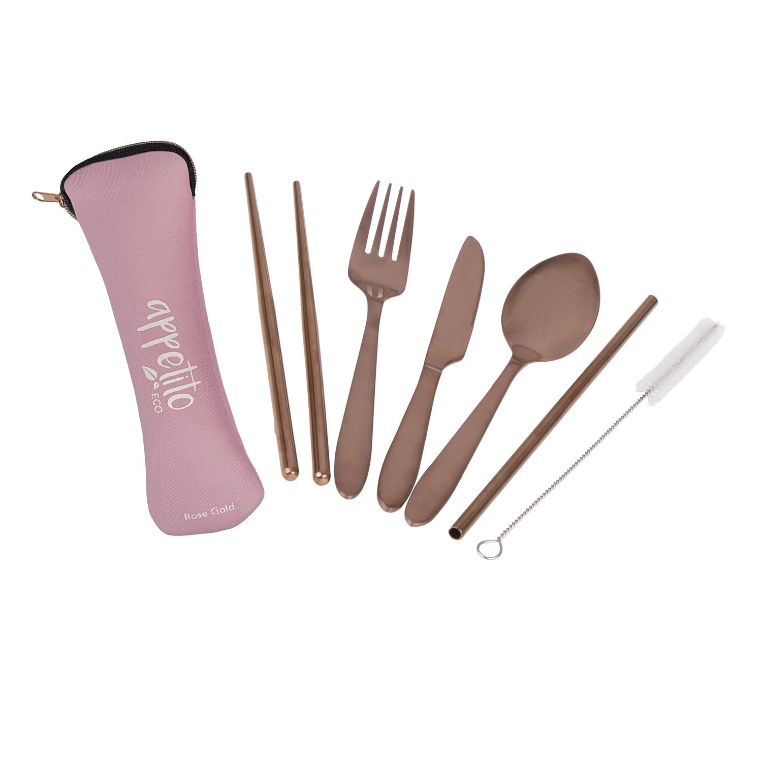 6 Pce S/s Traveller&#39;s Cutlery Set, Colour: Pink w Rose Gold