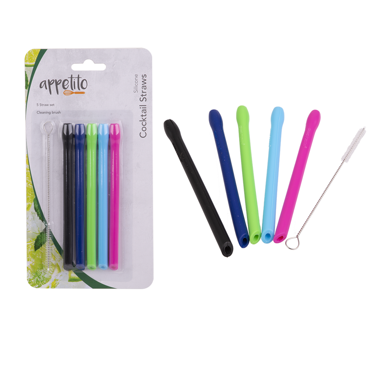 Silicone Cocktail Straws S/5 w Brush