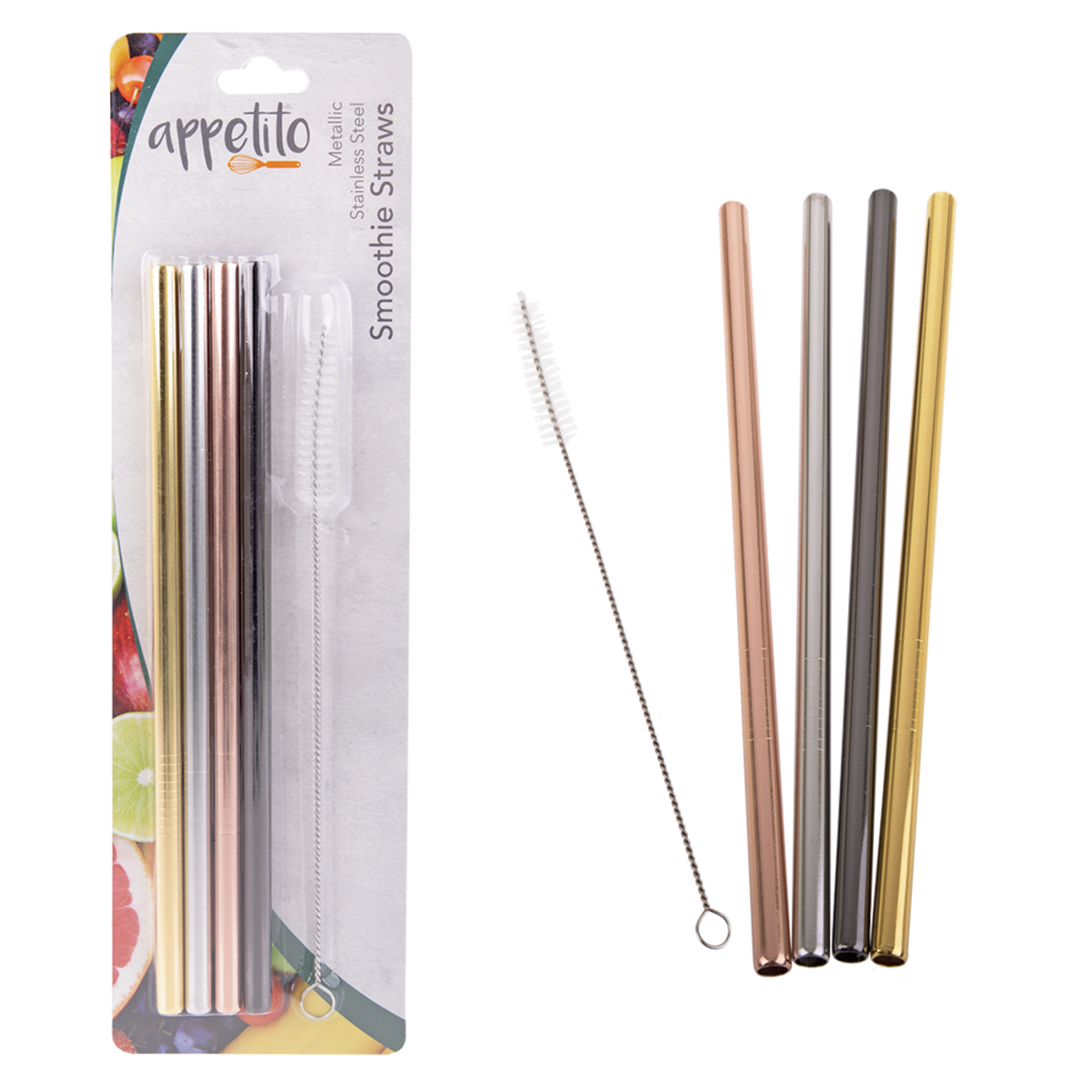 S/S Straight Smoothie Straws S/4 w Brush - Metallic