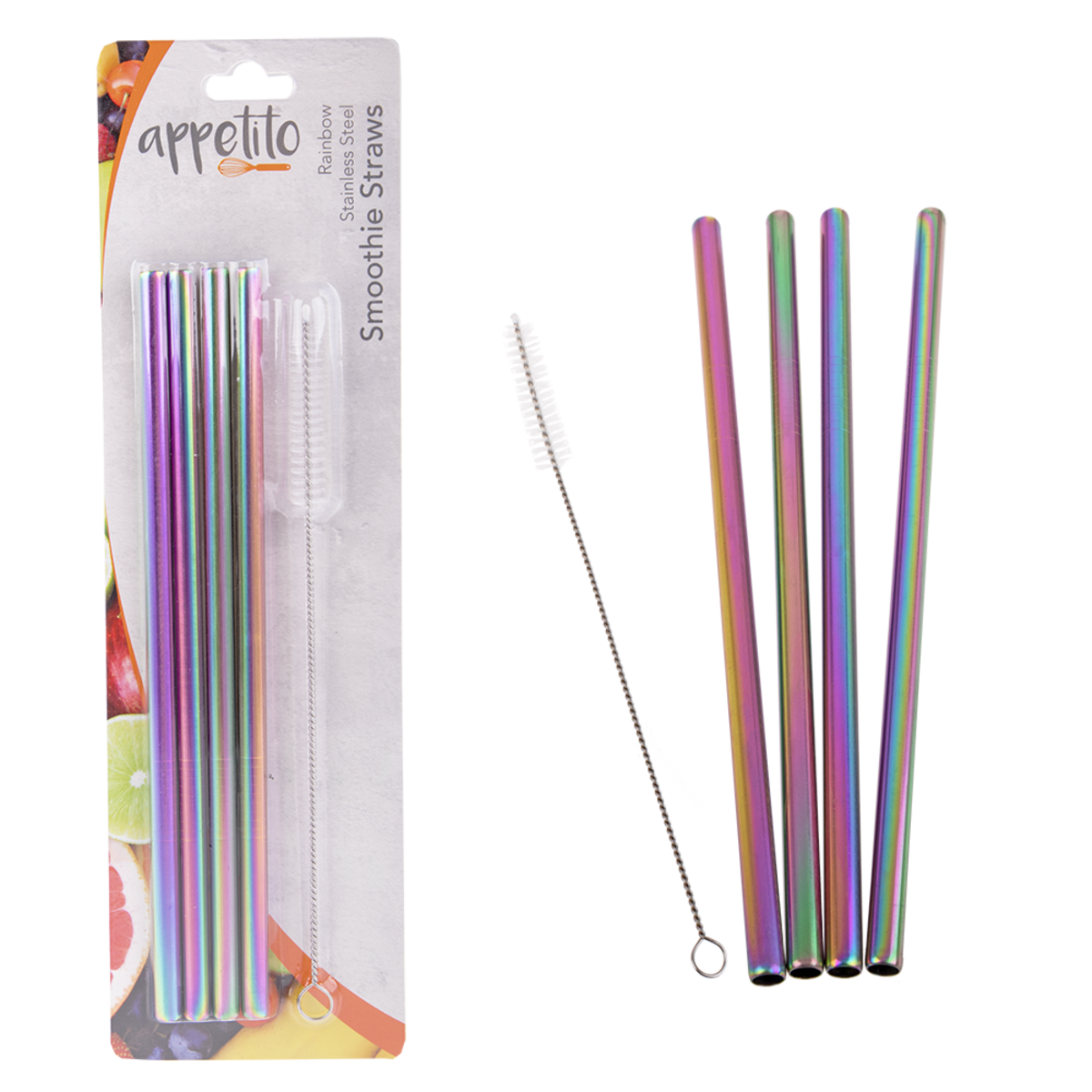S/S Straight Smoothie Straws S/4 w Brush - Rainbow