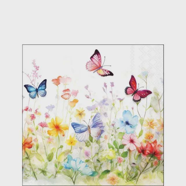Paper Napkins - Cocktail Size - Butterflies in Field - White