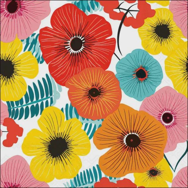 Paper Napkins - Luncheon Size - Colourful Flowers - Red