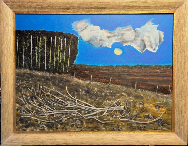 “New Ground, Old Wood, Low Moon with A Cloud and Bamboo” A 30” X 40” Painting Set In A Wooden Frame