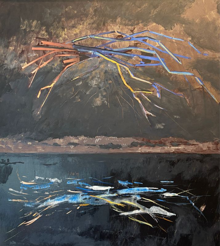 “Storm Above Dark Water” A 36” X 30” Painting On Corrugated Board.