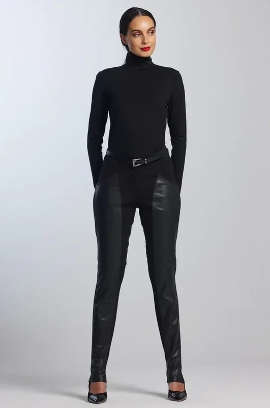 PAULA RYAN Leather Front Curve Seam Jean - Black