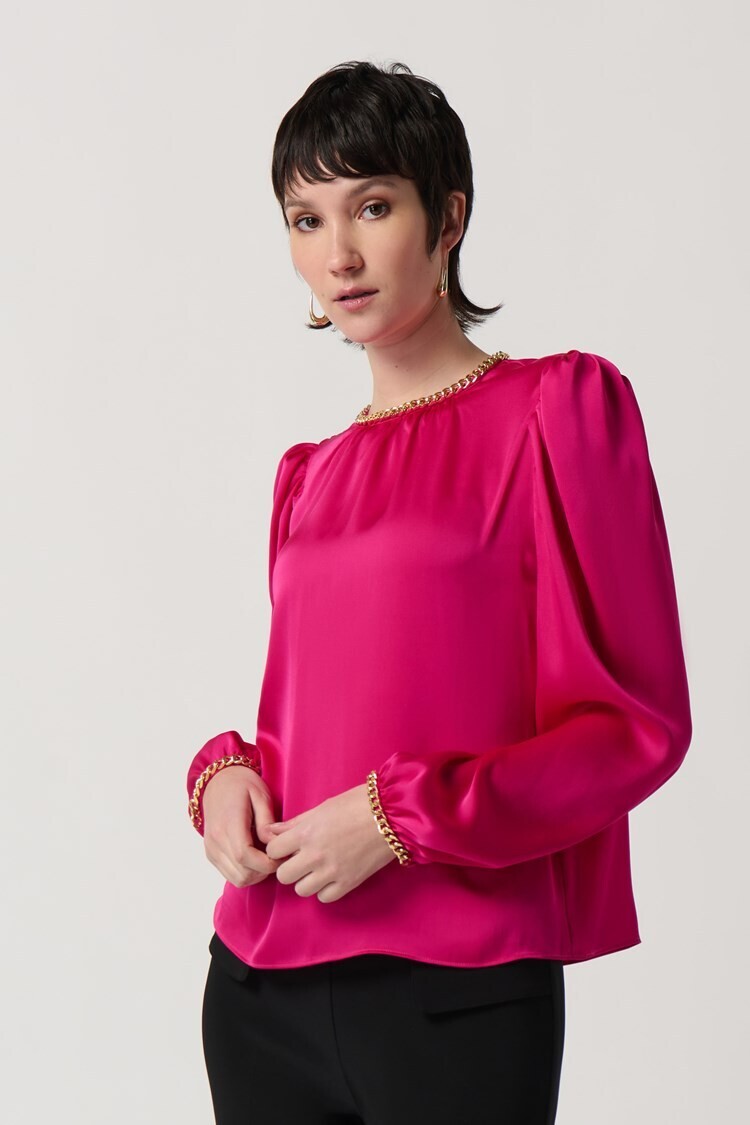Satin Puff Sleeve Top With Gold Chain 234934