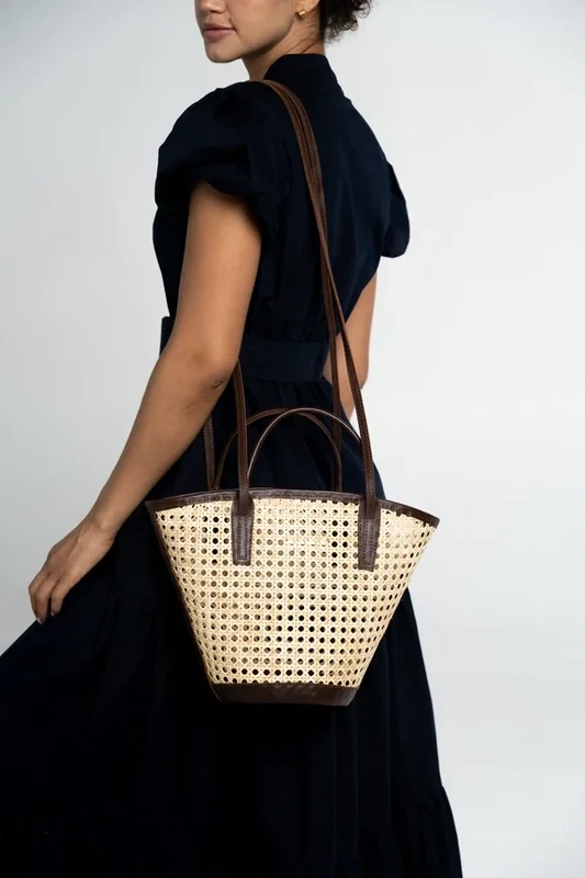 ALMA MINI RATTAN BASKET IN DARK CHOC LEATHER