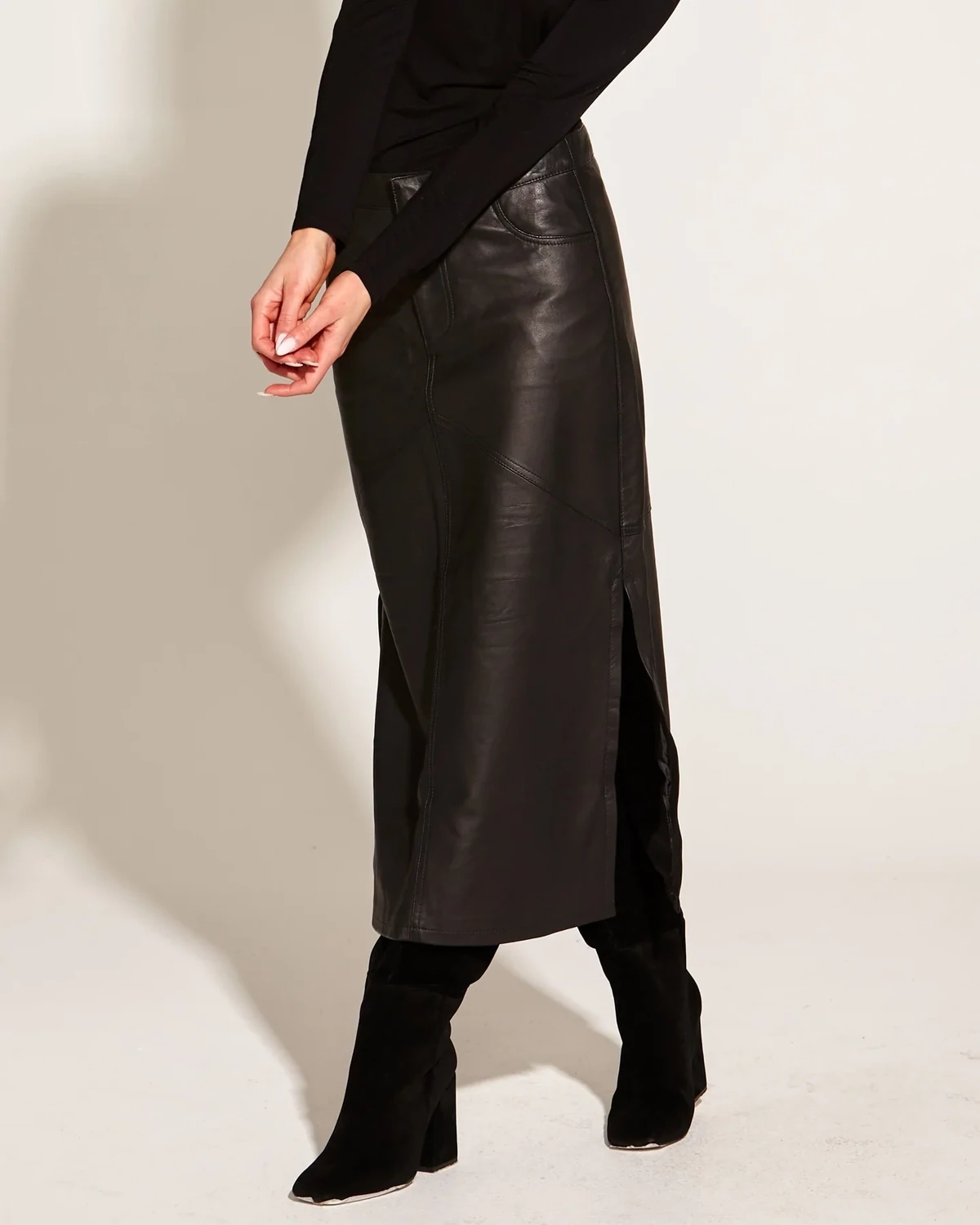 Underground 100% Leather High Waist Straight Midi Skirt - Black