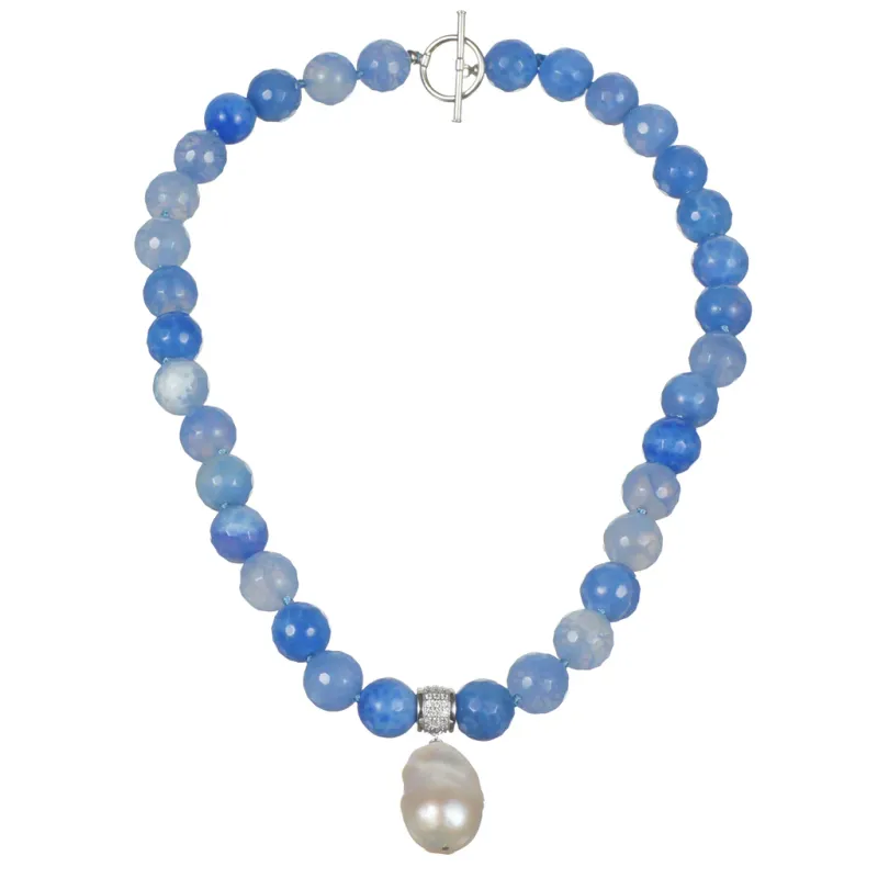 Santorini – Blue Agate Stone Necklace with Baroque Freshwater Pearl Pendant