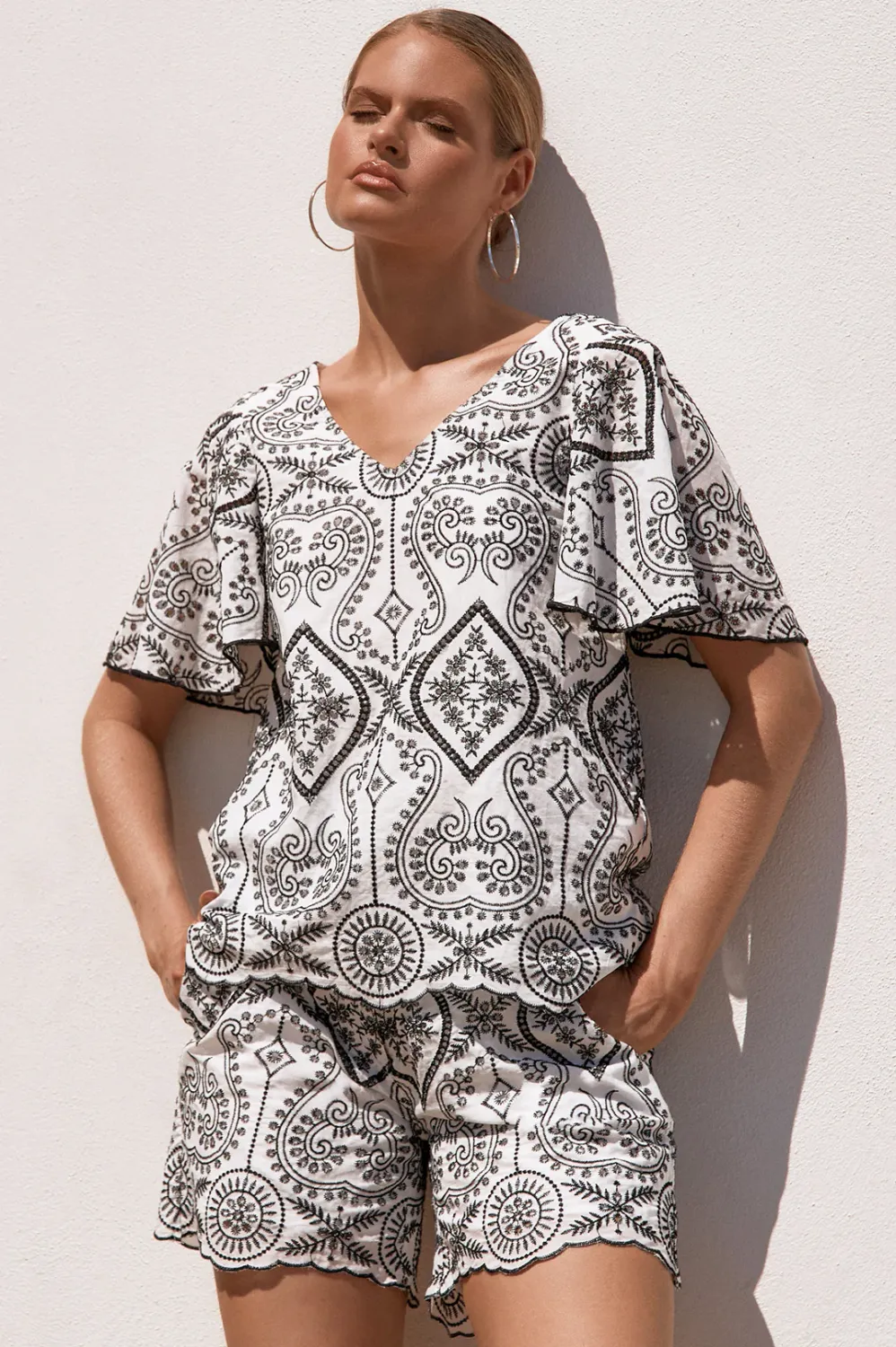 Adorne Theo Contrast  Broderie Top