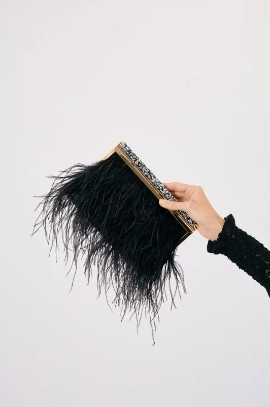 Adorne Mirabelle Feather and Diamante Clutch Black