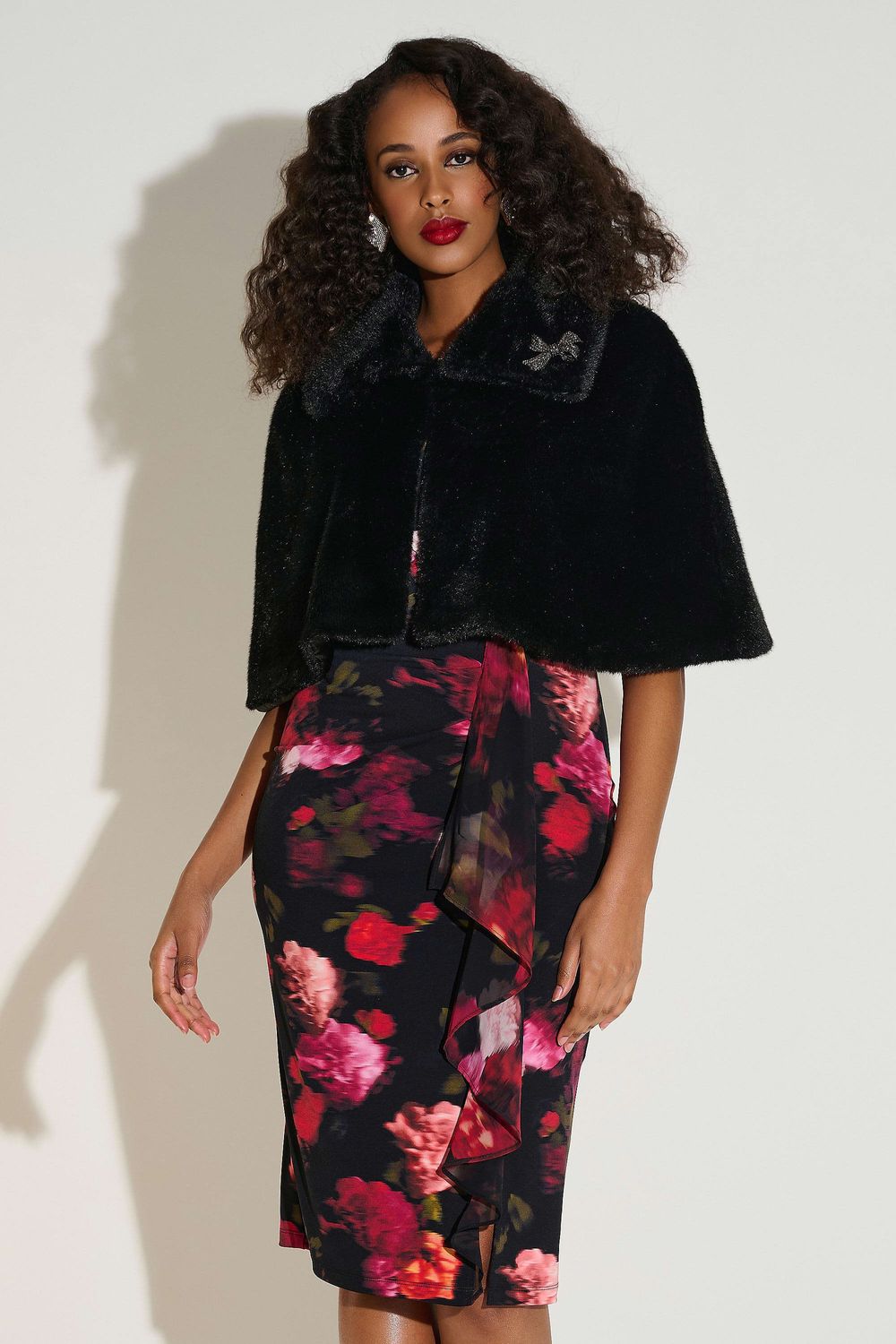 Joseph Ribkoff Signature | Faux Fur Cape with Crystal Brooch 253749