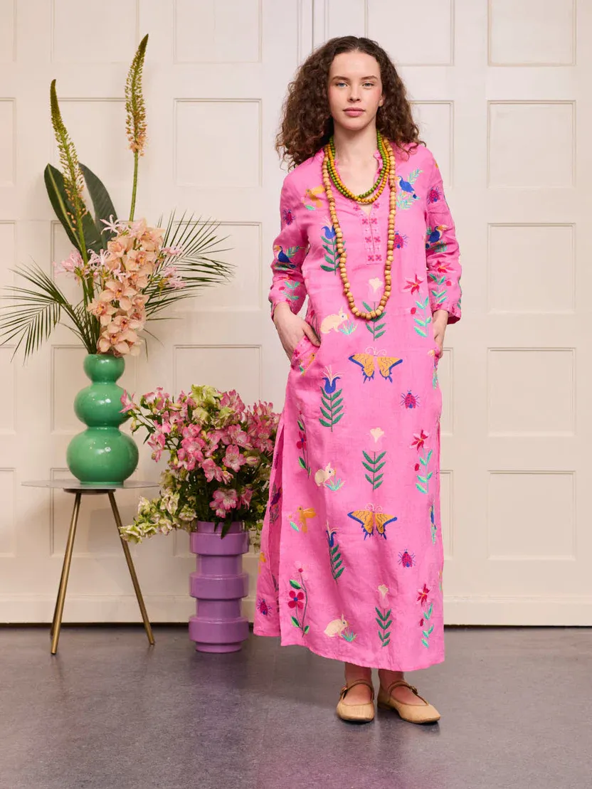 Nimo With Love Sapphire Kafton Long Mexican Embroidery On Pink